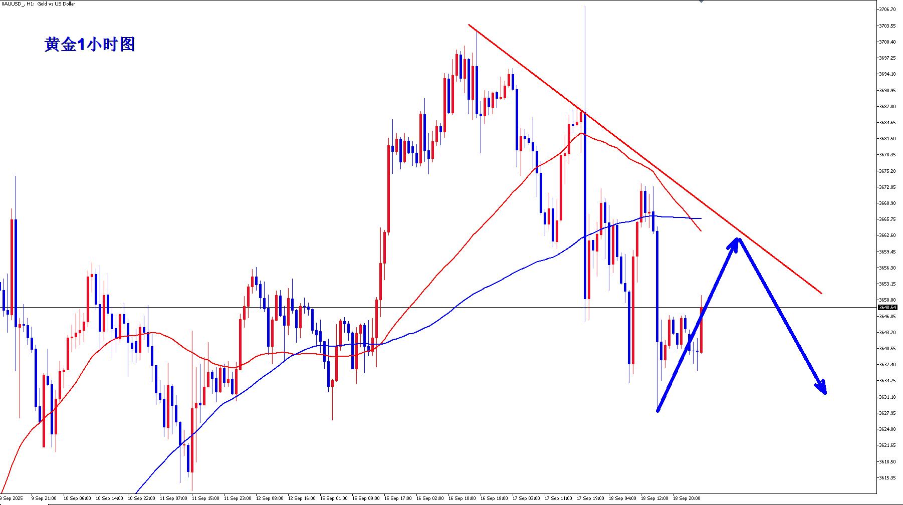 【XM外汇决策分析】：黄金震荡下跌，早盘反弹继续空！(图1)